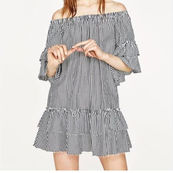 ZARA Woman Premium Denim Collection off-the-shoulder flounced dress raw‎ hem M - Picture 1 of 11